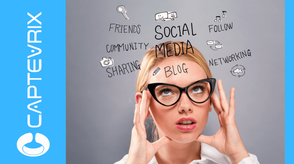 a woman wearing glasses with social media written all over her head