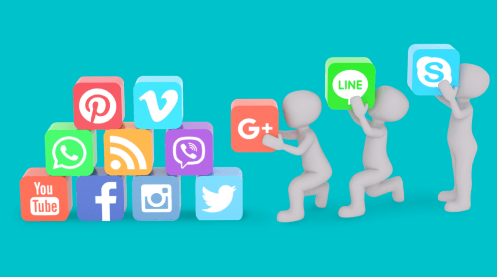 several different colored social media icons