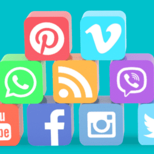 several different colored social media icons
