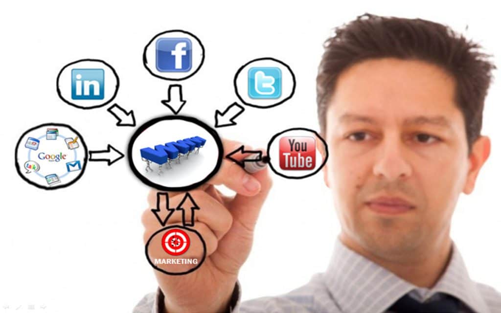 a man holding a magnifying glass with social media icons
