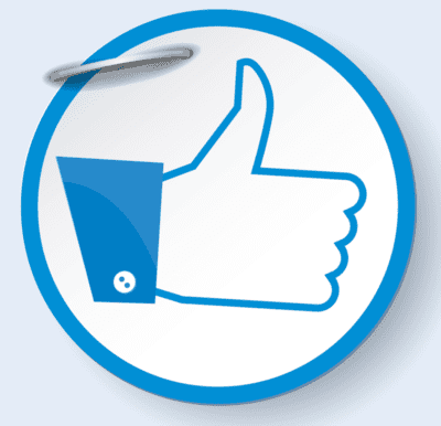 a blue and white button with a thumbs up