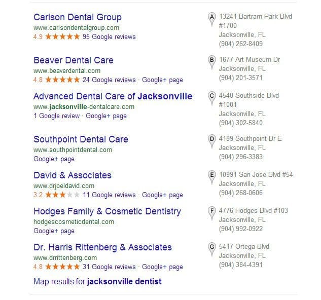 a google search for dental care dentists