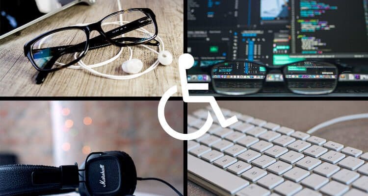 a collage of photos with glasses, keyboard and headphones