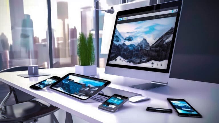a computer desk with three different devices on it