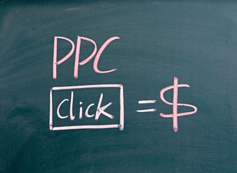 a chalkboard with the words ppc click = $ written on it