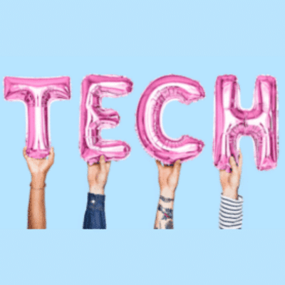 three hands holding up pink letters that spell out the word tech