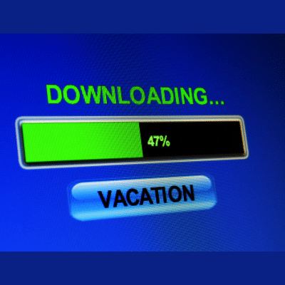 a blue and green button with the words vacation on it
