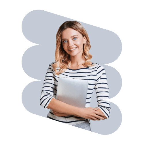 a smiling woman holding a laptop computer