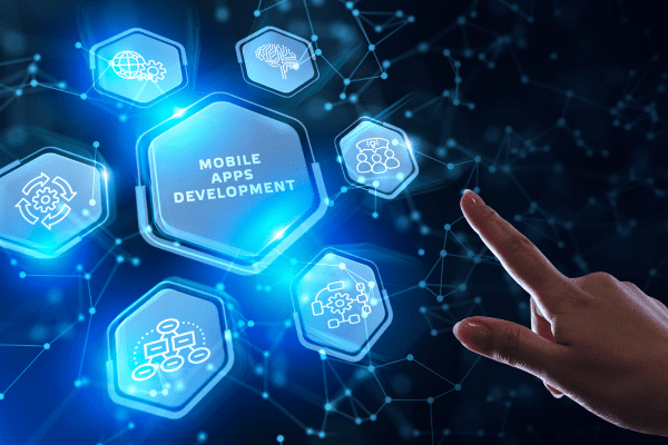 a hand pointing at a blue hexagonal button with the words mobile app development on it